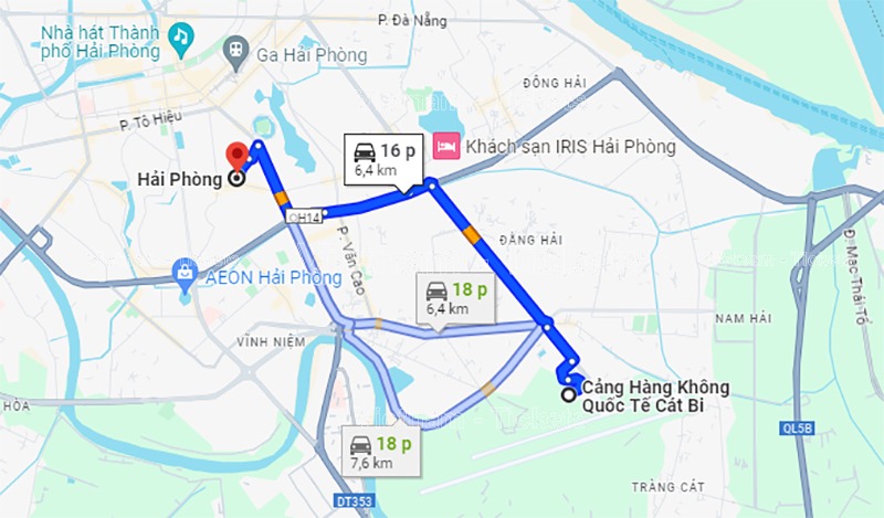 Theo Google Maps, từ sân bay Cát Bi về trung tâm thành phố bạn mất khoảng 16 phút di chuyển | Vé máy bay Đà Lạt Hải Phòng