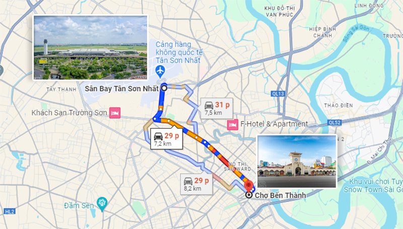 Khoảng cách di chuyển từ sân bay Tân Sơn Nhất đến chợ Bến Thành tầm 8km, theo Google Maps | Vé máy bay Phú Yên Sài Gòn