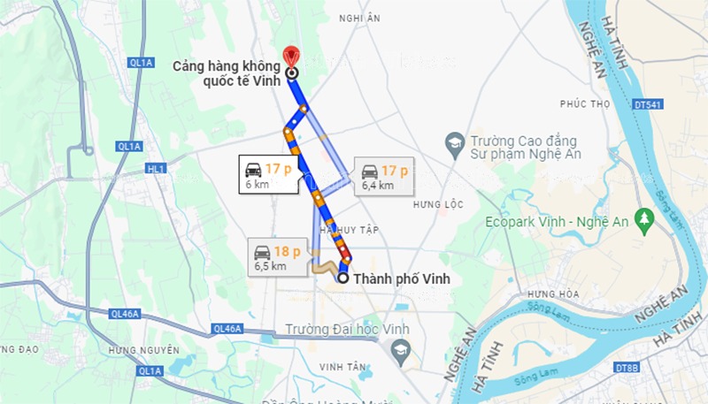 Từ trung tâm Tp.Vinh đến sân bay Vinh khoảng 17 phút, theo Google Maps | Vé máy bay Vinh Cần Thơ