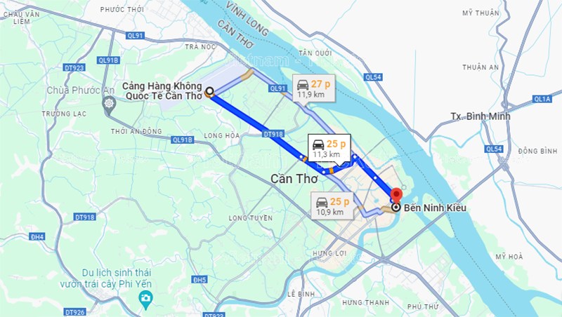 Hướng di chuyển từ sân bay Cần Thơ đến Bến Ninh Kiều, theo Google Maps | Vé máy bay Vinh Cần Thơ