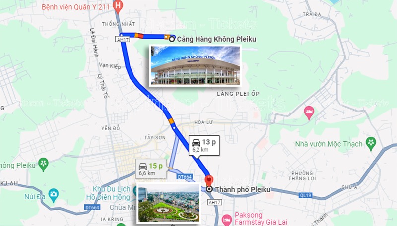 Quãng đường sân bay Pleiku về trung tâm thành phố khoảng 6km, theo Google Maps | Vé máy bay Vinh Pleiku